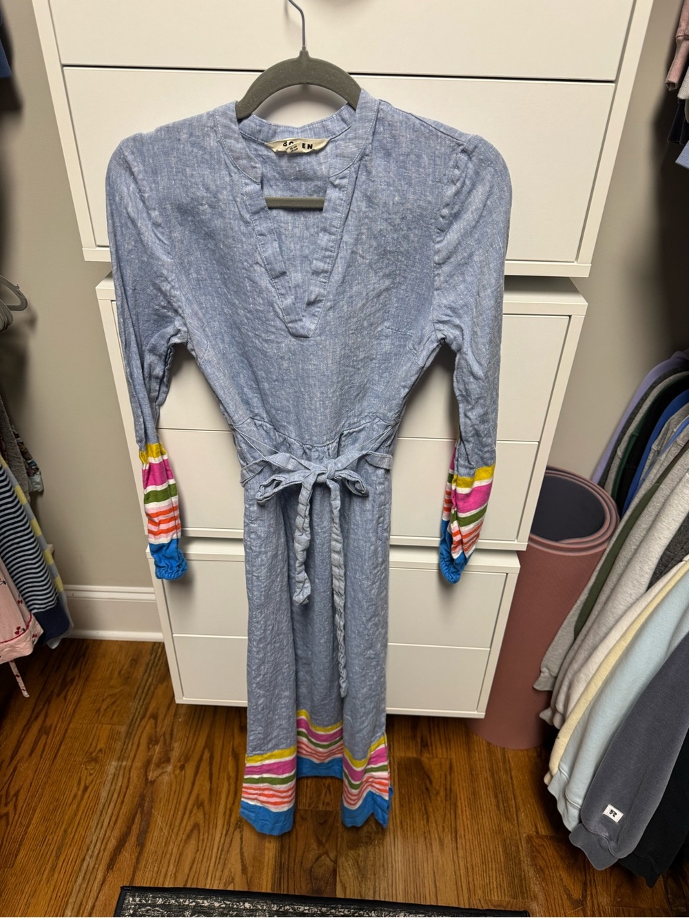 Boden Light Blue Maxi Dress with Colorful Stripe Trim